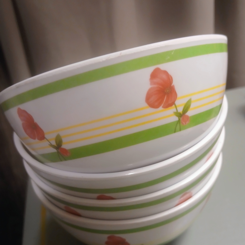 Floral Green Stripe Ceramic Serving Bowl - White with Pink Flowers
